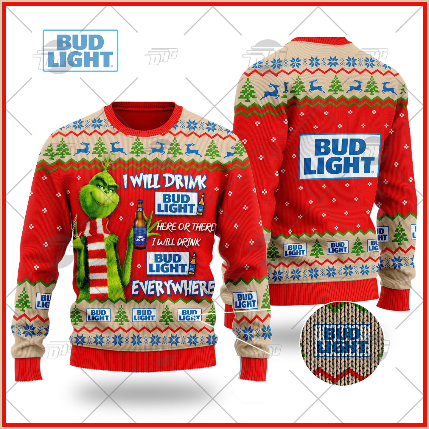 [ Amazing ] Grinch I Will Drink Here Or There I Will Drink Everywhere Bud Light Beer Ugly Christmas Holiday Sweater – Saleoff 291121