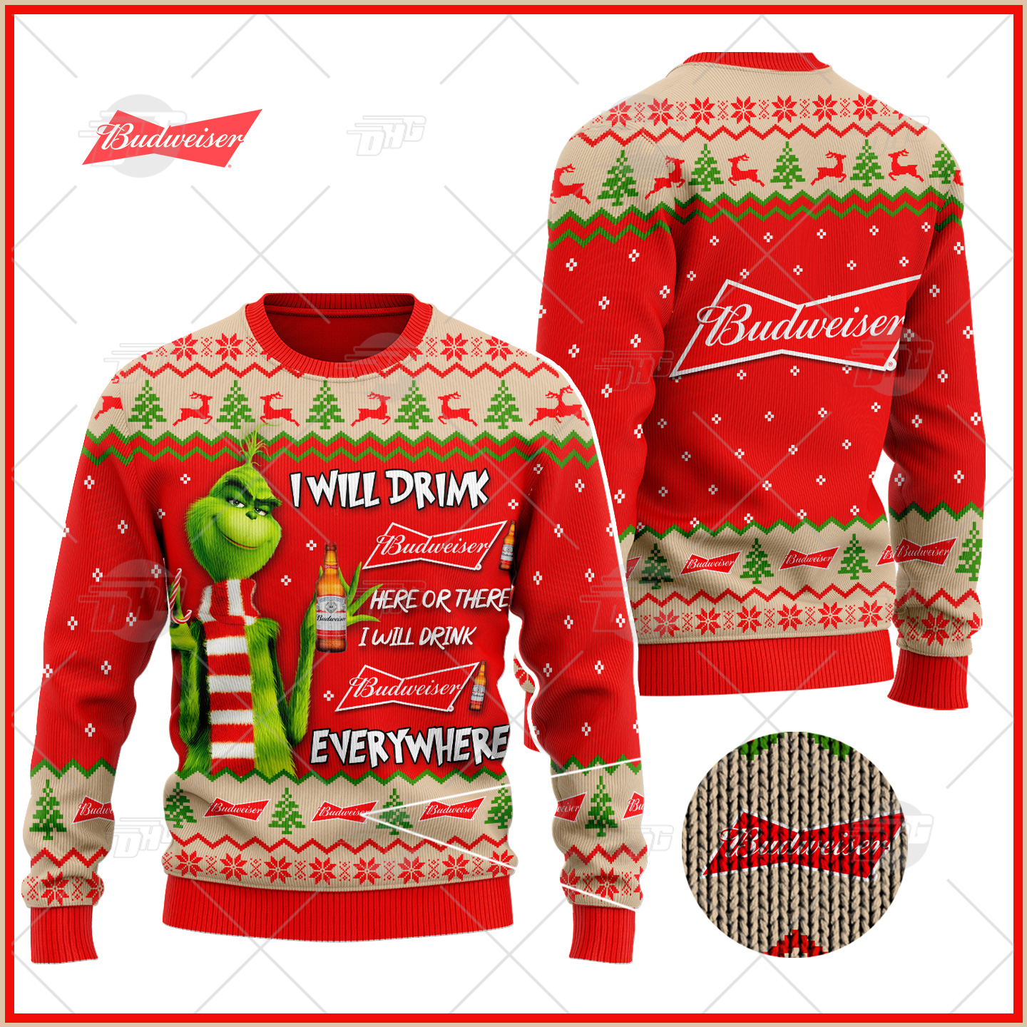 [ Amazing ] Grinch I Will Drink Here Or There I Will Drink Everywhere Budweiser Beer Ugly Christmas Holiday Sweater – Saleoff 291121
