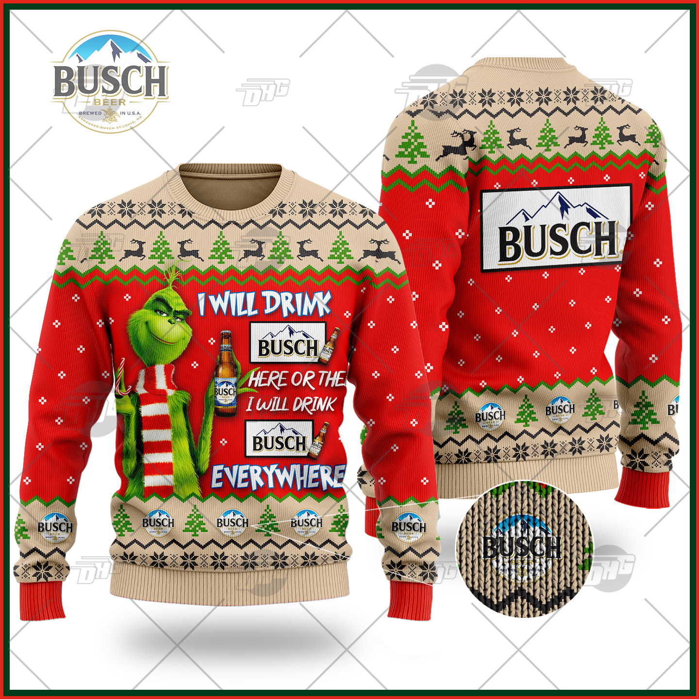 [ Amazing ] Grinch I Will Drink Here Or There I Will Drink Everywhere Busch Beer Ugly Christmas Holiday Sweater – Saleoff 291121