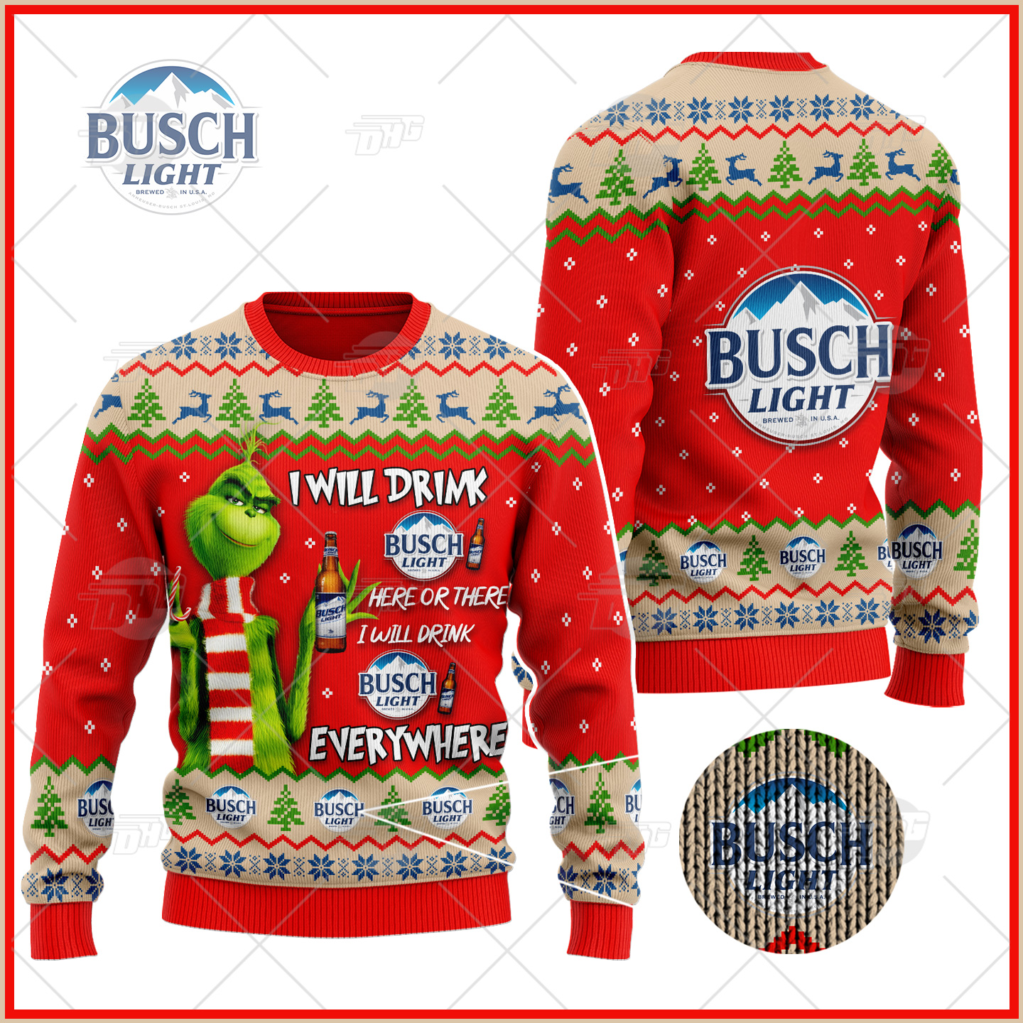 [ Amazing ] Grinch I Will Drink Here Or There I Will Drink Everywhere Busch Light Beer Ugly Christmas Holiday Sweater – Saleoff 291121