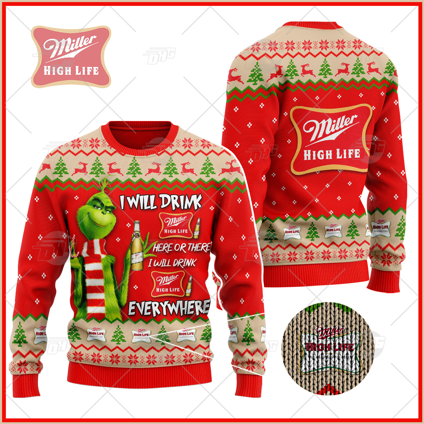 Grinch I Will Drink Here Or There I Will Drink Everywhere Miller High Life Beer Ugly Christmas Holiday Sweater