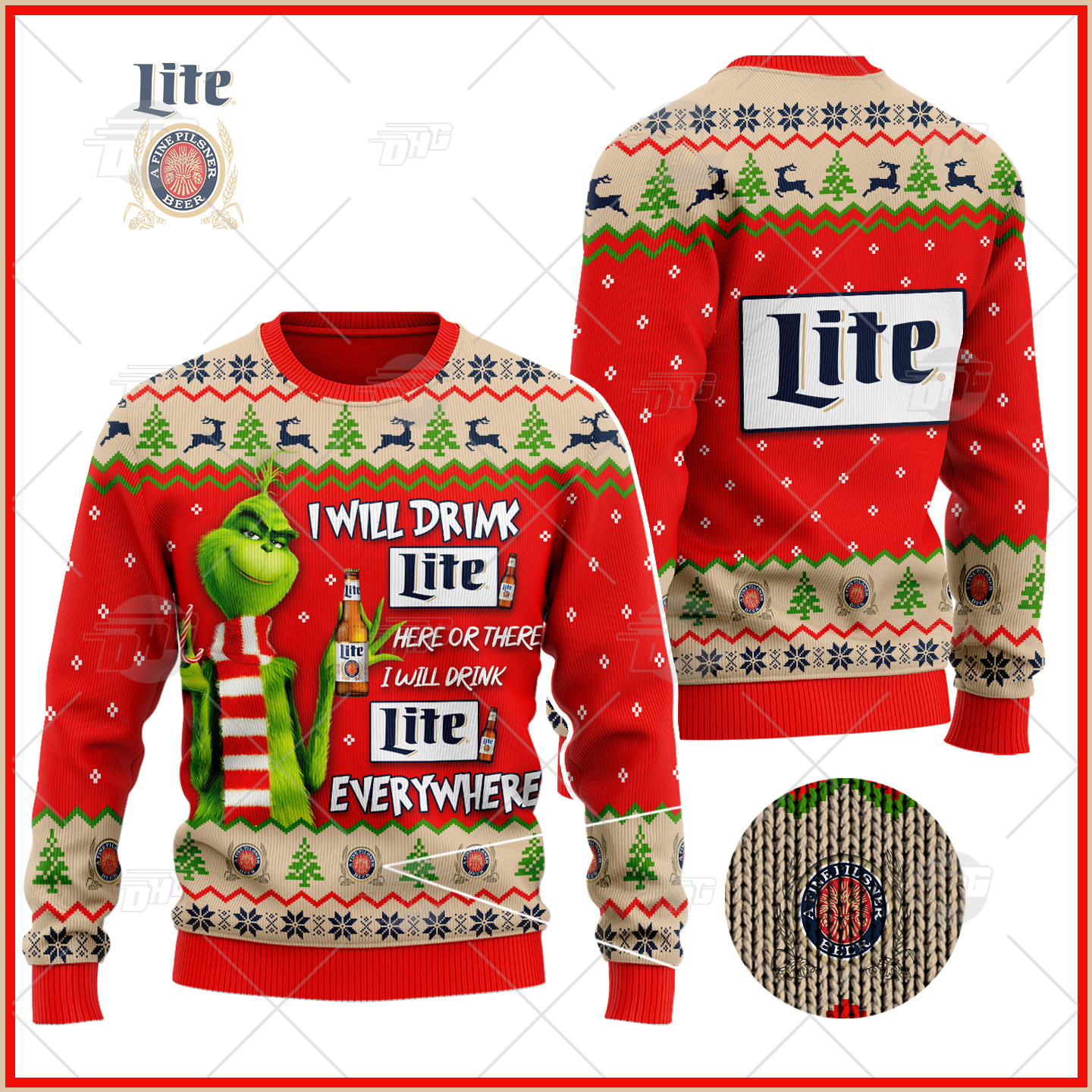 Grinch I Will Drink Here Or There I Will Drink Everywhere Miller Lite Beer Ugly Christmas Holiday Sweater