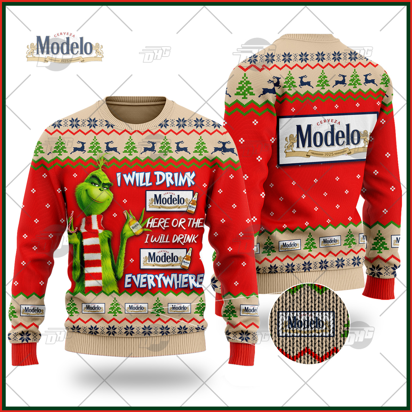 Grinch I Will Drink Here Or There I Will Drink Everywhere Modelo Especial Beer Ugly Christmas Holiday Sweater