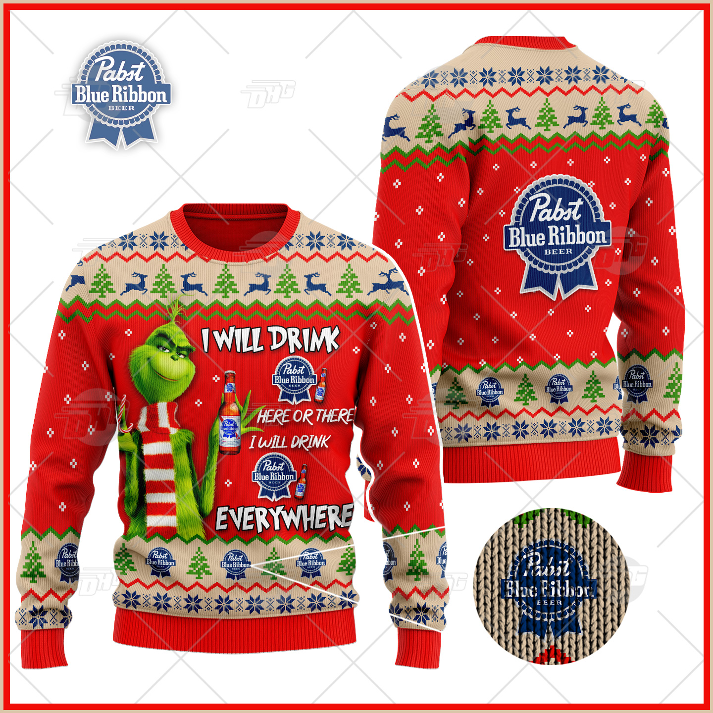 [ Amazing ] Grinch I Will Drink Here Or There I Will Drink Everywhere Pabst Blue Ribbon Beer Ugly Christmas Holiday Sweater – Saleoff 291121
