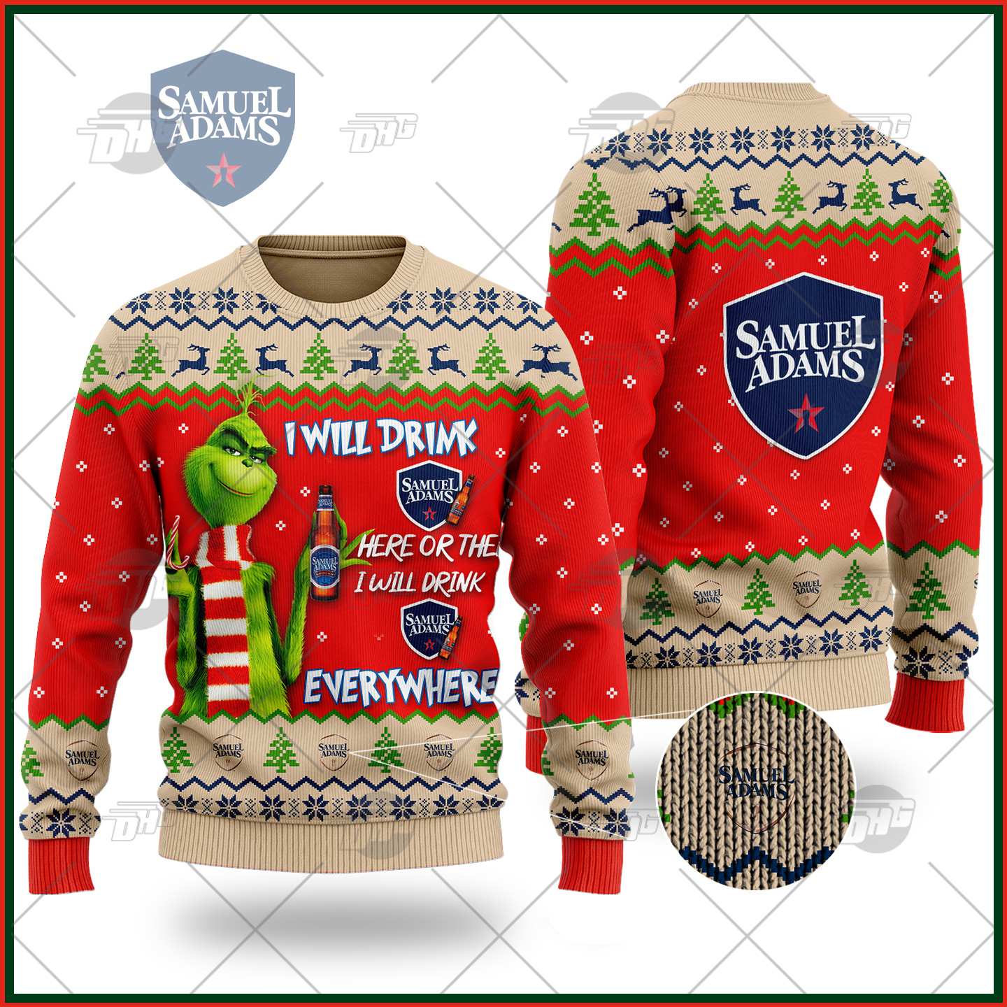 [ Amazing ] Grinch I Will Drink Here Or There I Will Drink Everywhere Samuel Adams Beer Ugly Christmas Holiday Sweater – Saleoff 291121