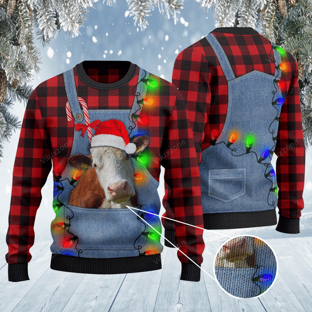 Hereford cattle lovers red plaid shirt and denim bib all over print sweater