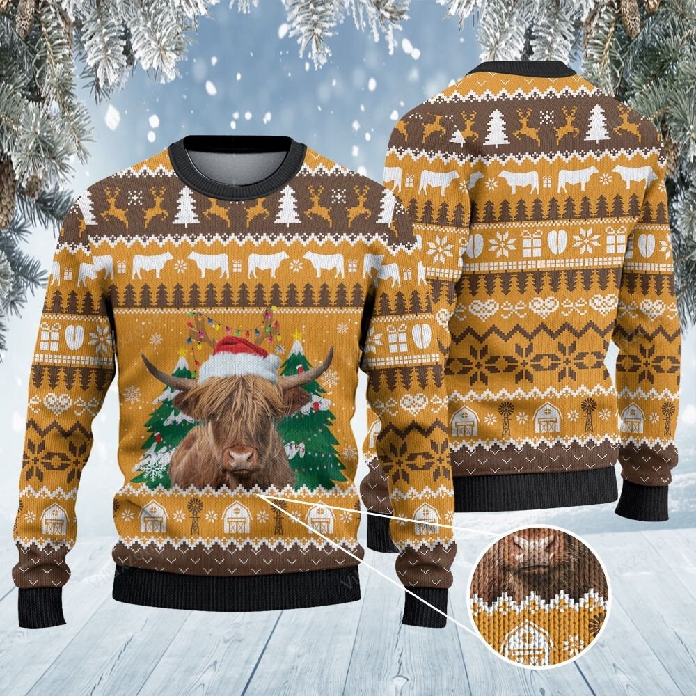 [ Amazing ] Highland cattle lovers christmas on the farm all over print sweater – Saleoff 251121