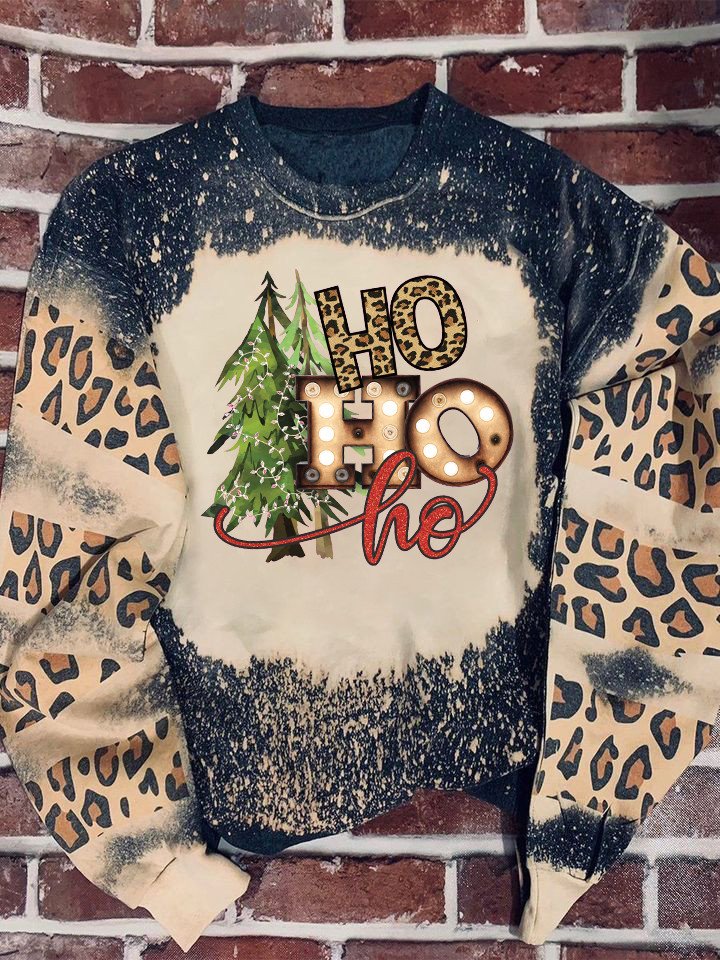 Hohoho Christmas Tree Leopard Bleached Sweater