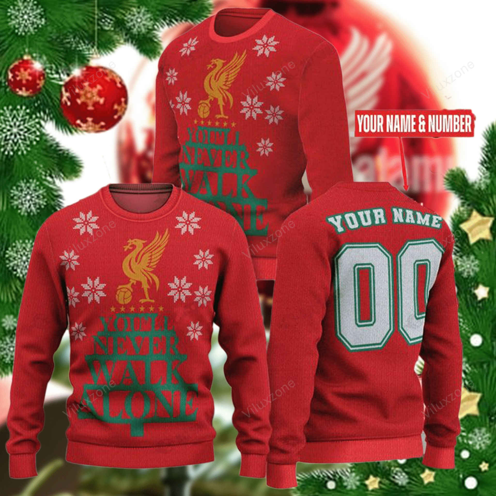 Liverpool FC personalized name and number 3d xmas sweater