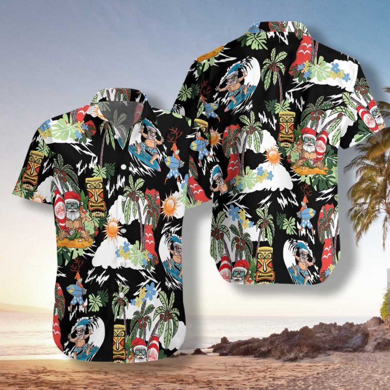 Merry Christmas Santa Claus Surfing Tiki Hawaiian Shirt