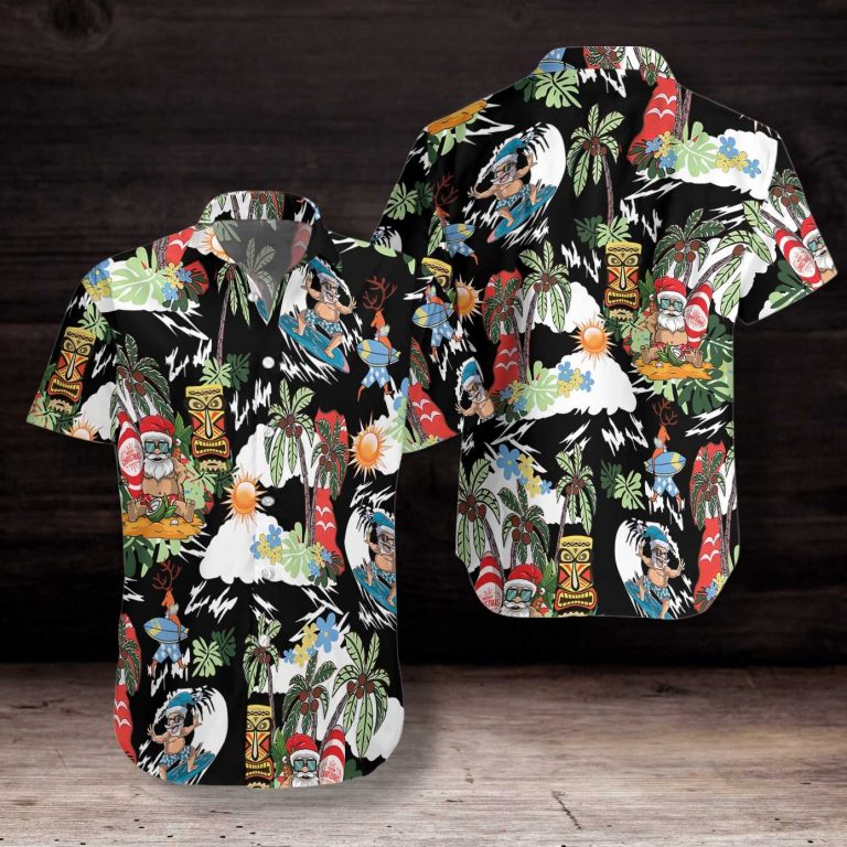 Merry Christmas Santa Claus Surfing Tiki Hawaiian Shirt