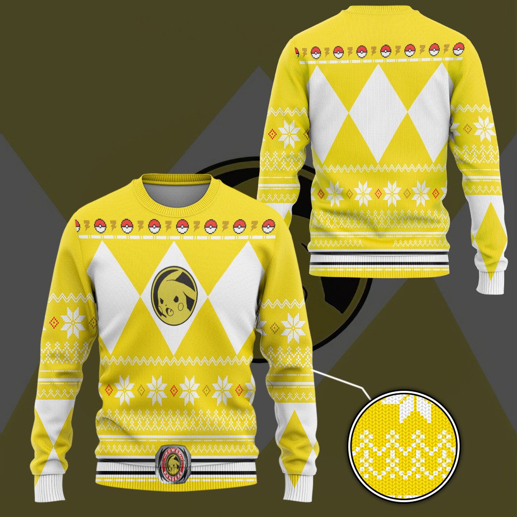 Mighty morphin yellow power ranger x pokemon pikachu custom ugly sweater