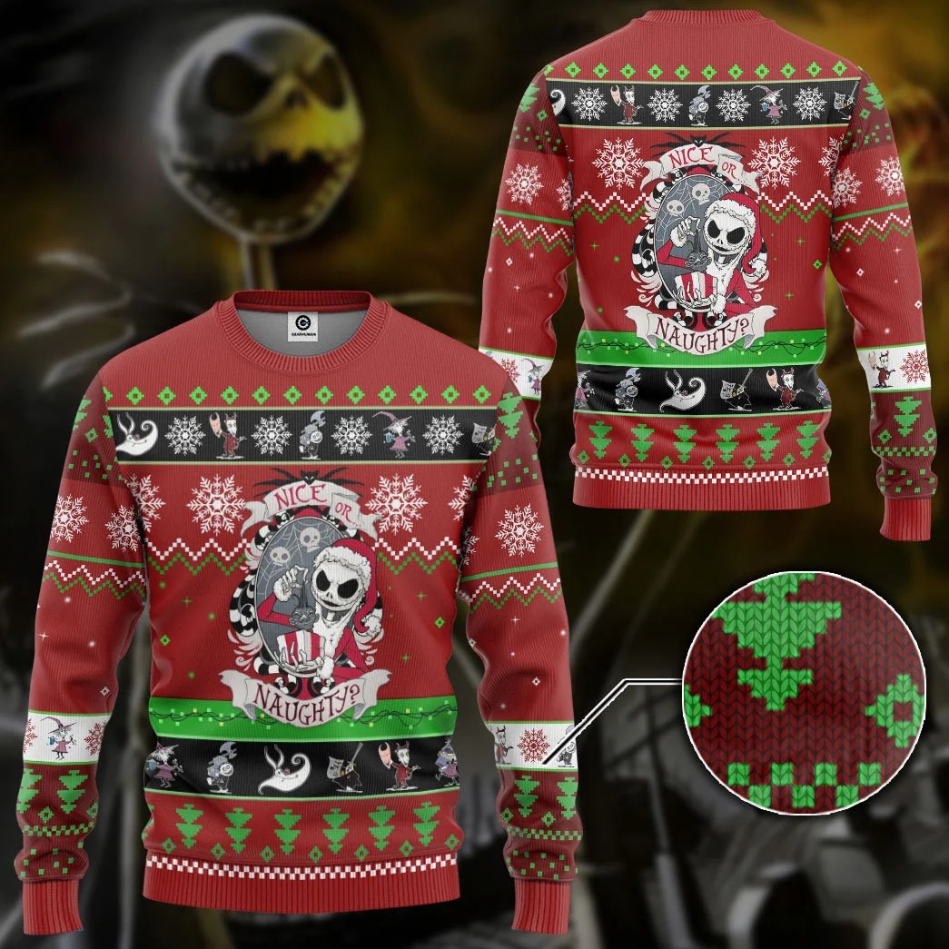 Nightmare before christmas Jack Skellington nice or naughty ugly sweater – Saleoff 221121