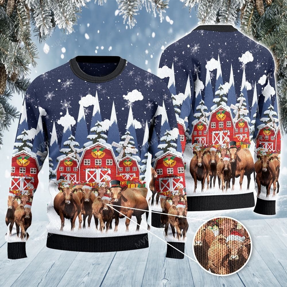 Red angus lovers christmas gift snow farm all over print sweater