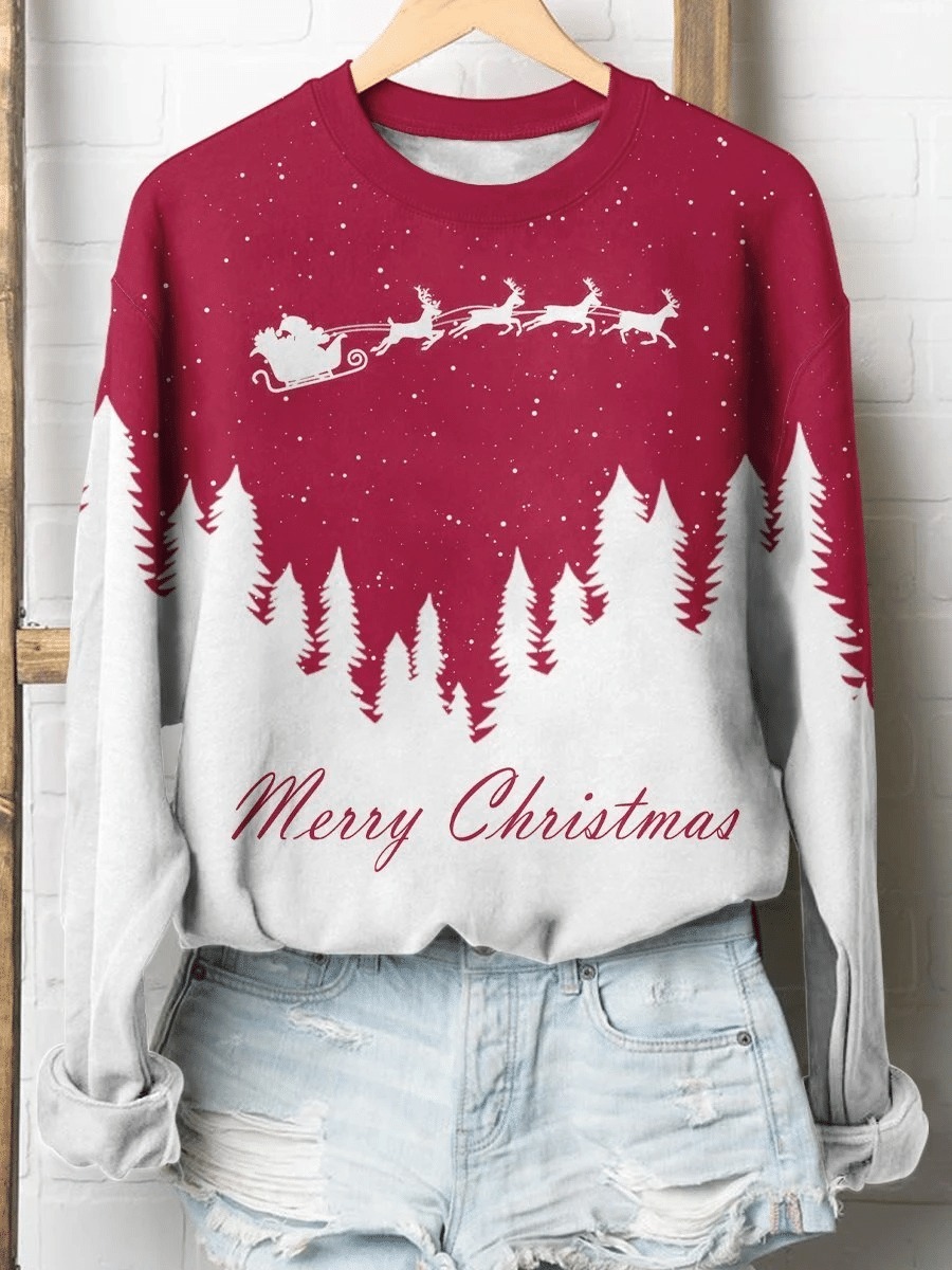 Santa And Reindeer Merry Christmas Print Sweater – Saleoff 141121