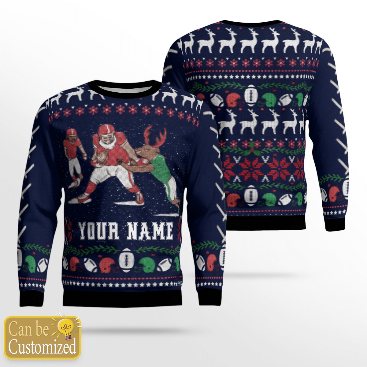 Santa Football personalized name ugly christmas sweater