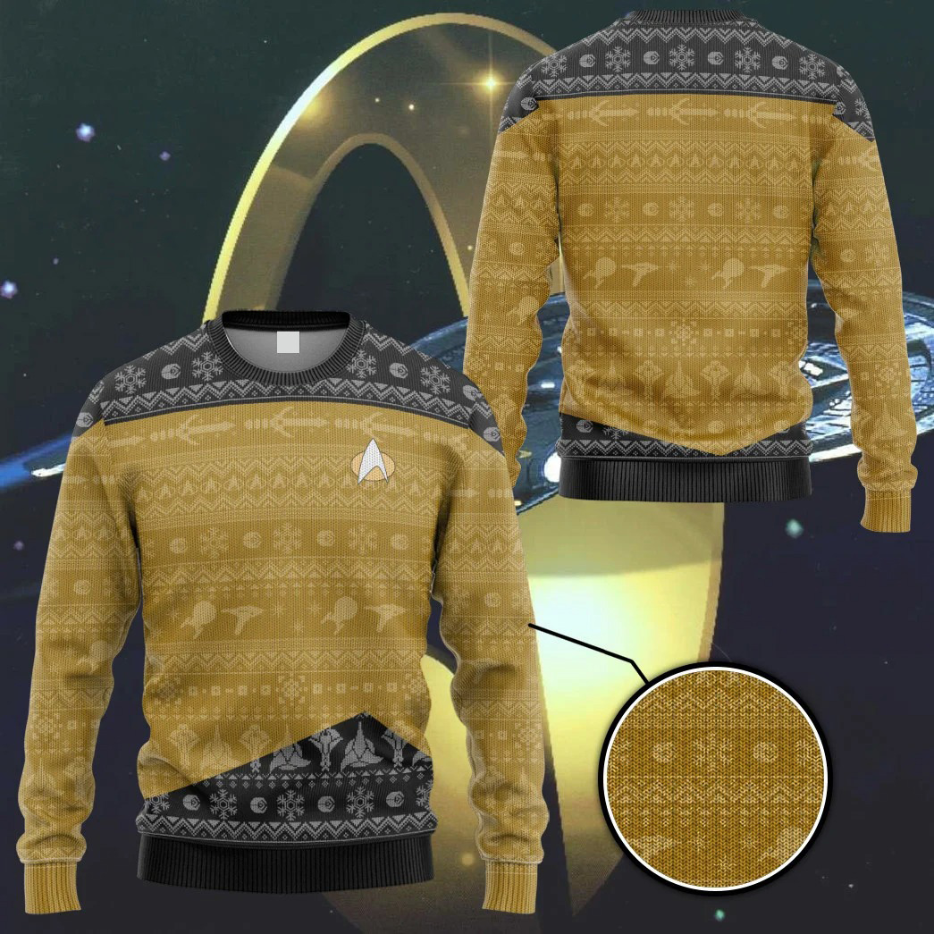 Star Trek trek the halls yellow ugly christmas sweater