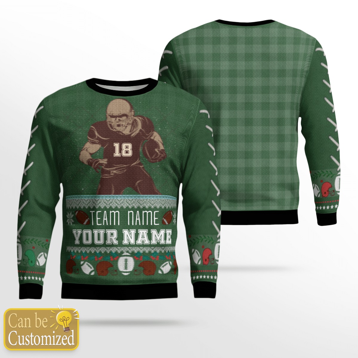 Tartan check football personalized name team and number ugly christmas sweater