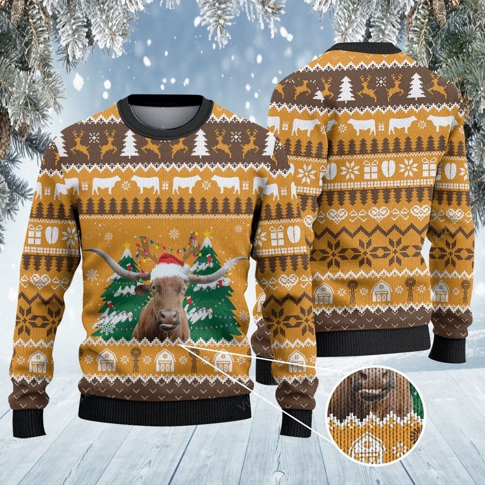 Texas Longhorn cattle lovers christmas on the farm all over print sweater