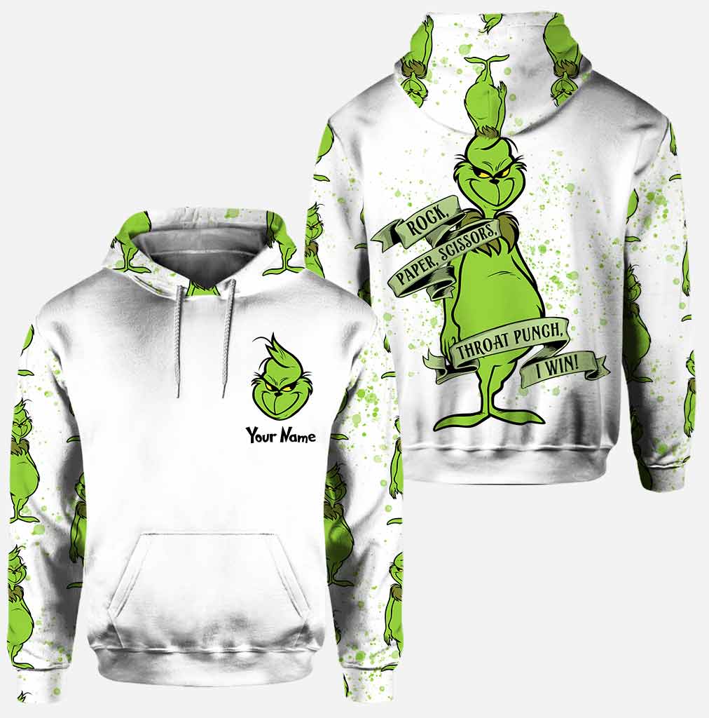 Grinch Rock paper scissors throat punch I win custom name hoodie