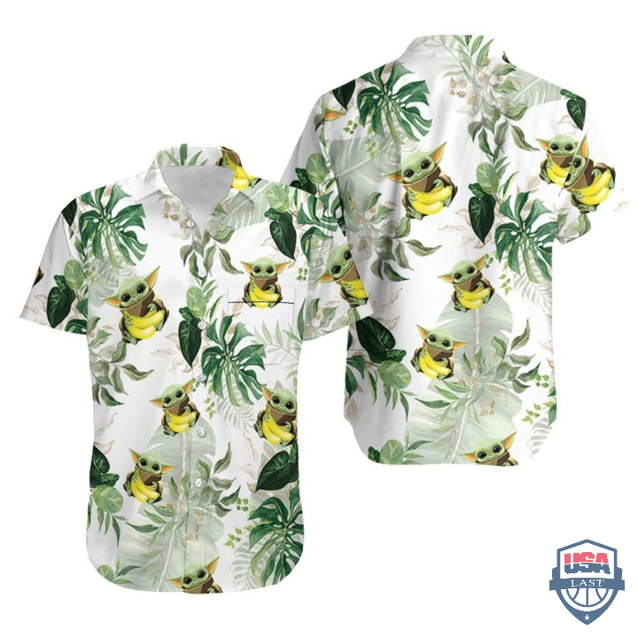 Baby Yoda Hugging Bananas Tropical Green Leaves Hawaiian Shirt – Hothot 080122
