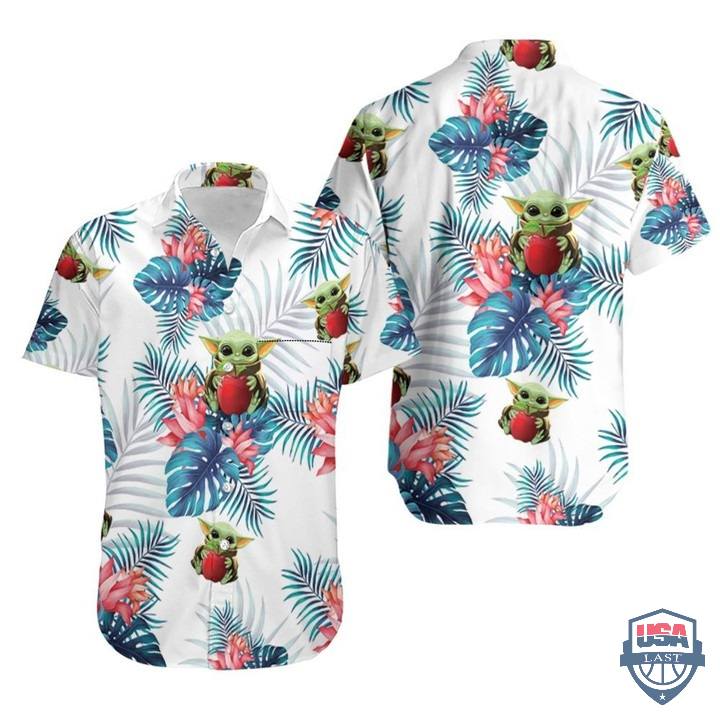 Baby Yoda Hugging Apples Tropical Blue Leaves Hawaiian Shirt – Hothot 080122