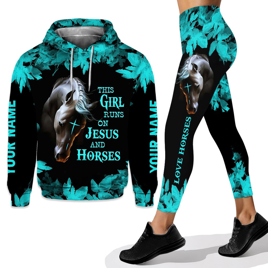 This girl runs on jesus and horses personalized all over printed hoodie and leggings