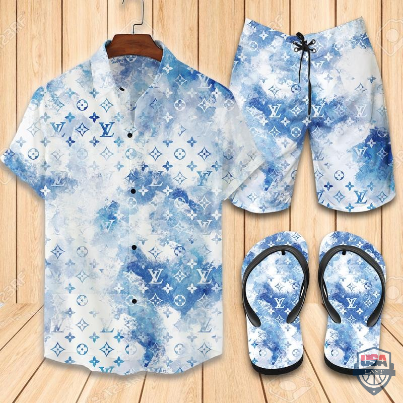 LV Tie Dye Hawaiian Shirt Beach Short And Flip Flops – Hothot