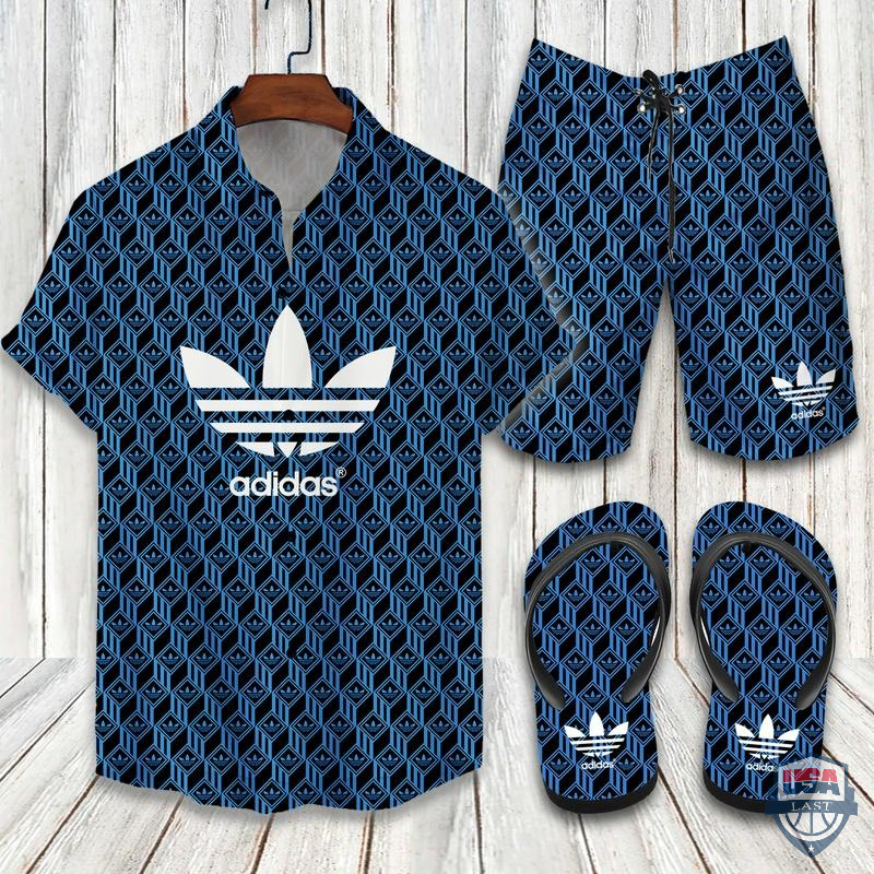 Adidas Logo Hawaiian Shirt Beach Short And Flip Flops – Hothot