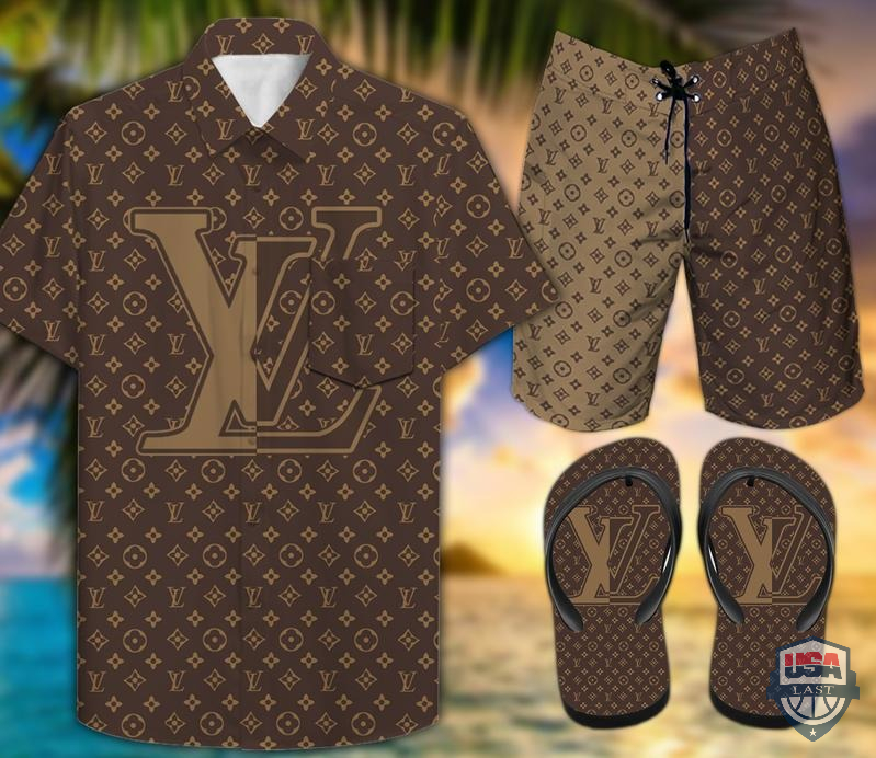LV Logo Hawaiian Shirt Beach Short And Flip Flops – Hothot