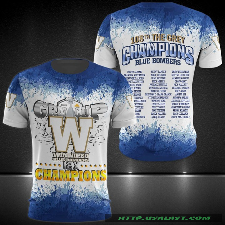 Winnipeg Blue Bombers 12X Champions Grey Cup 3D Hoodie T-Shirt – Hothot