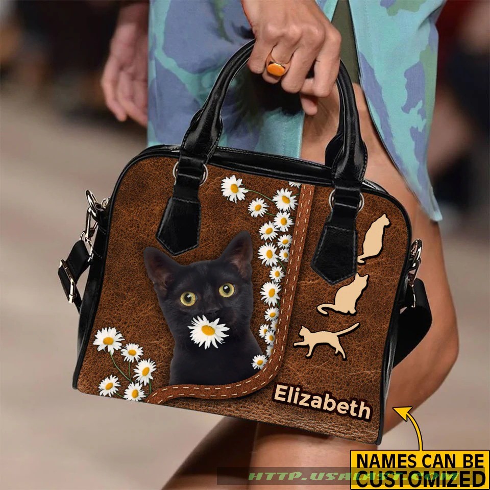 Black Cat Leather Pattern Custom Name Shoulder Handbag – Hothot