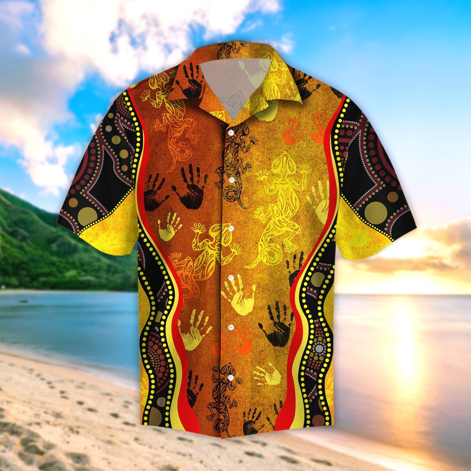 Aboriginal Australia Rock Painting Hand Lizard Art Golden Style Beach Hawaiian Shirt For Men Women – Hothot