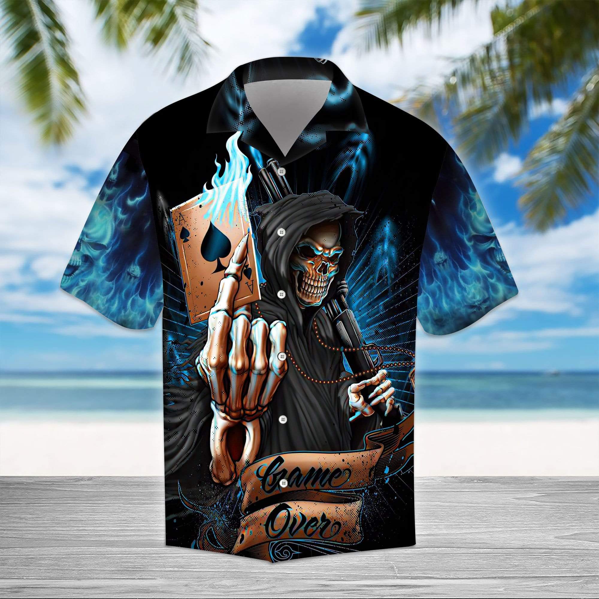 Ace Grim Reaper Blue Flame Skull Gothic Hawaiian Aloha Shirt For Men Women – Hothot