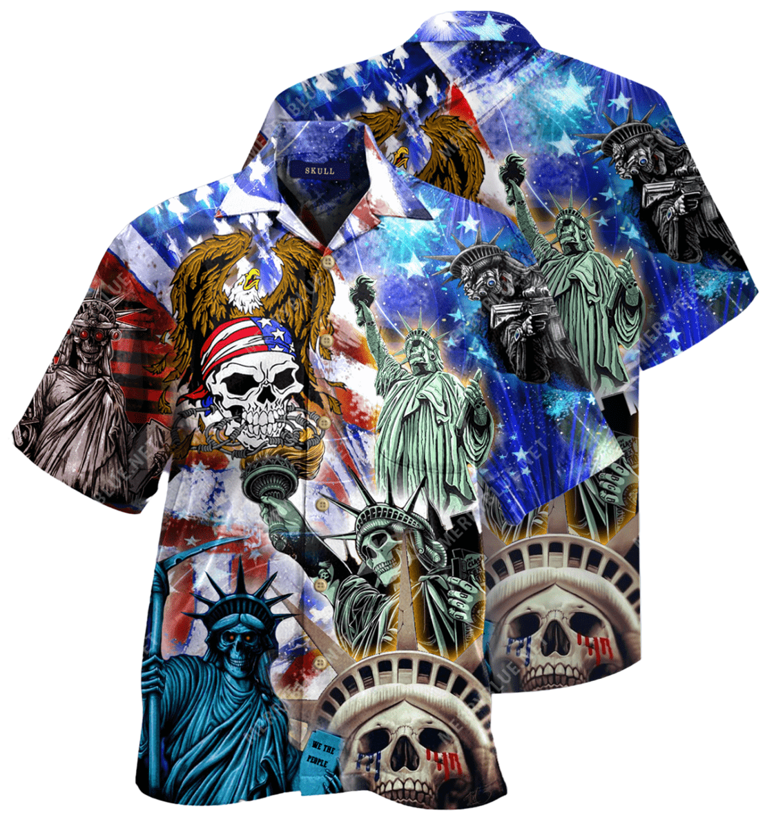 Amazing Eagle Skulls Lady Liberty Love Their Country Hawaiian Aloha Shirt For Men Women – Hothot