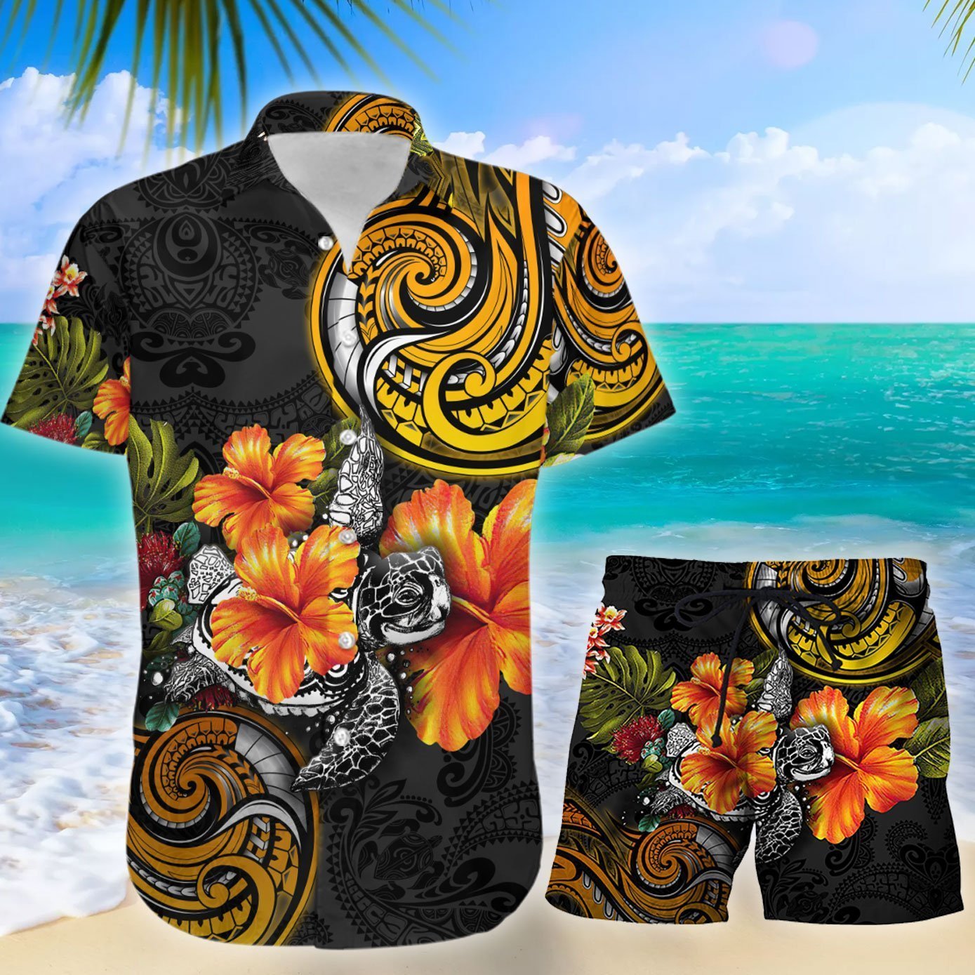 Polynesian Turtle Hibiscus Hawaiian Shirt Set For Men Women – Hothot