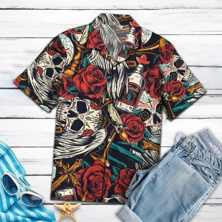 Sugar Skulls Rose Flowers Trumpets Hawaiian Shirt Gifts With Skulls On Them For Men Women – Hothot