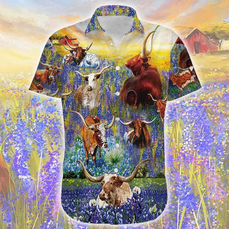 Texas Longhorn In Bluebonnets Hawaiian Aloha Shirt For Men Women – Hothot