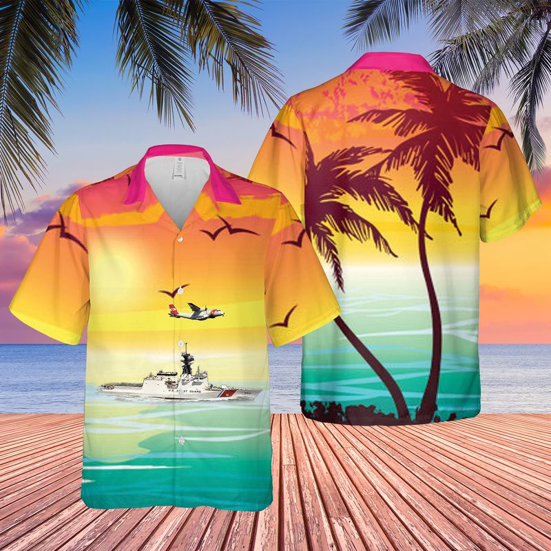 US Coast Guard USCG National Security Cutter USCGC Bertholf WMSL-750 And An EADS HC-144 Ocean Sentry Hawaiian Shirt – Hothot