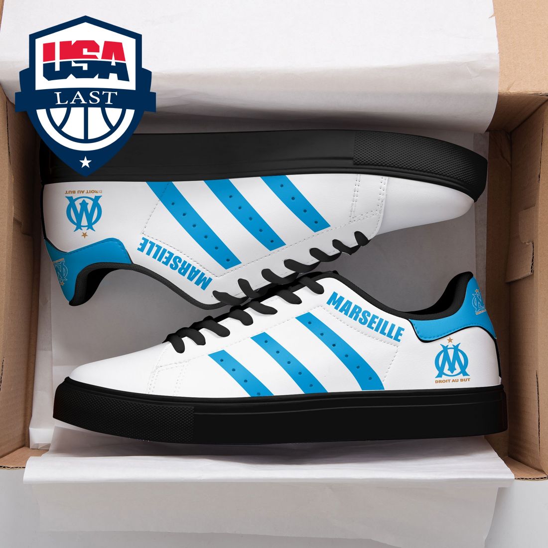 Olympique Marseille Auqa Blue Stripes Stan Smith Low Top Shoes – Saleoff