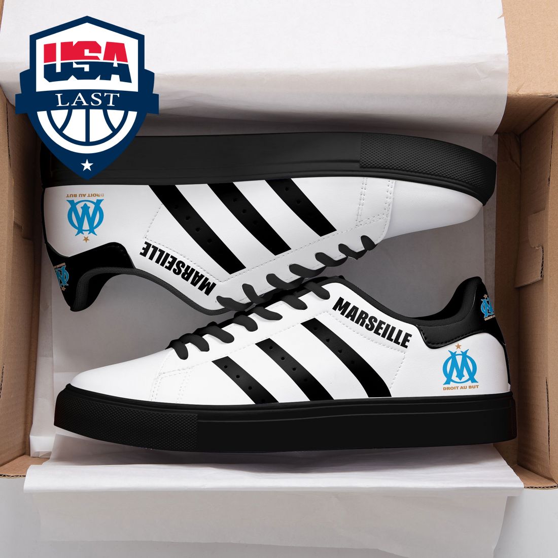 Olympique Marseille Black Stripes Stan Smith Low Top Shoes – Saleoff