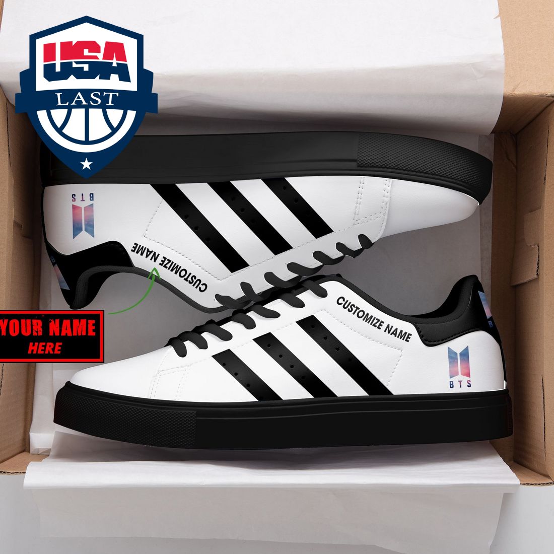Personalized BTS Black Stripes Stan Smith Low Top Shoes – Saleoff