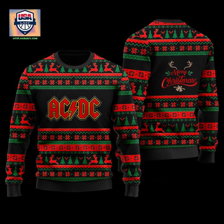 AC DC Merry Christmas Black Ugly Christmas Sweater - Eye soothing picture dear