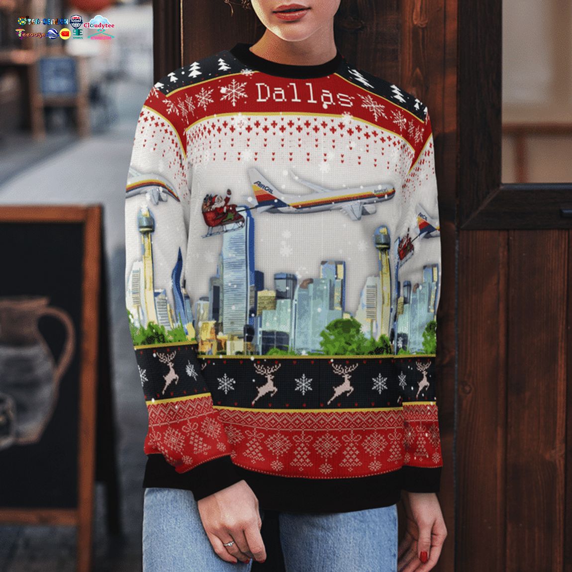 American Airlines AirCal Heritage With Santa Over Dallas 3D Christmas Sweater