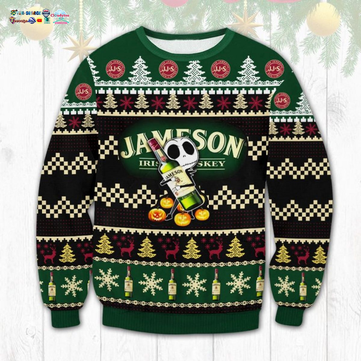 Baby Jack Skellington Hug Jameson Irish Whiskey Ugly Christmas Sweater