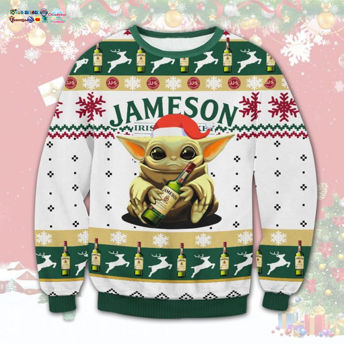 Baby Yoda Hug Jameson Irish Whiskey Ugly Christmas Sweater