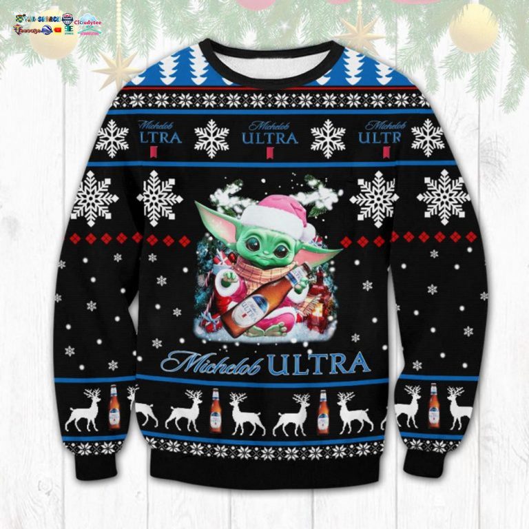 Baby Yoda Hug Michelob Ultra Ugly Christmas Sweater - You look too weak