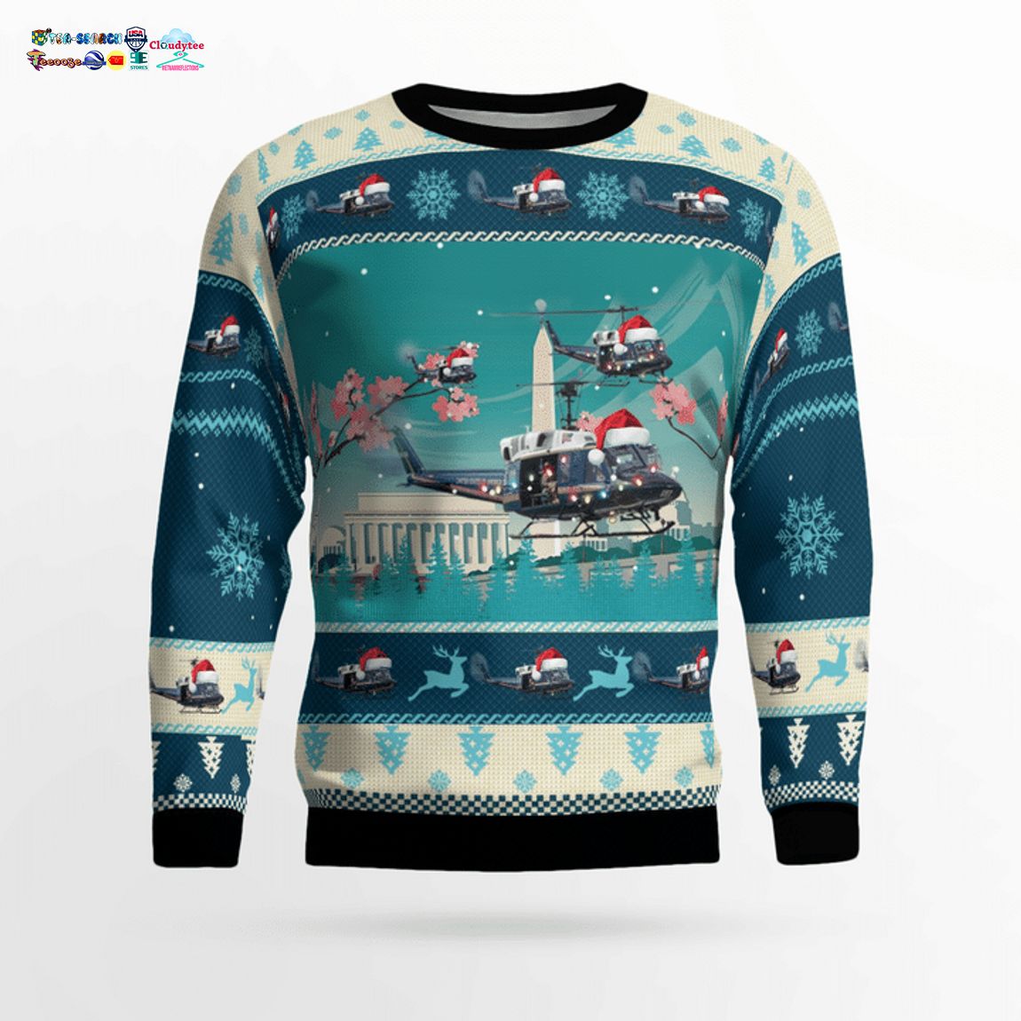 Bell UH-1N Twin Huey Of The 1st Helicopter Squadron Flying Over Washington DC 3D Christmas Sweater
