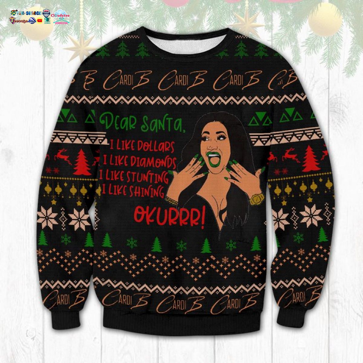 Cardi B Meme Dear Santa I Like Dollars Ugly Christmas Sweater