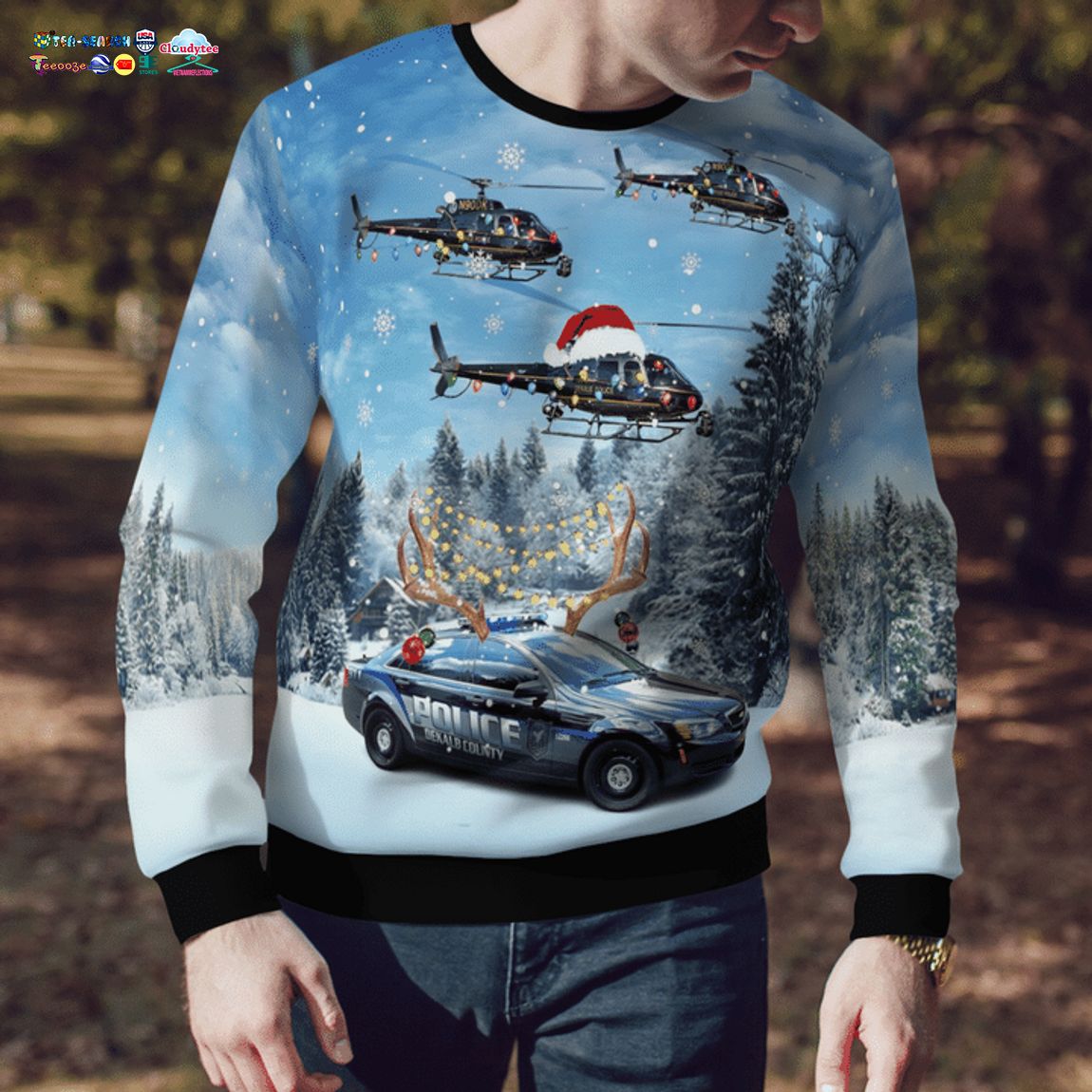 DeKalb County Police Department Eurocopter AS-350 BS A-Star Helicopter And Car 3D Christmas Sweater